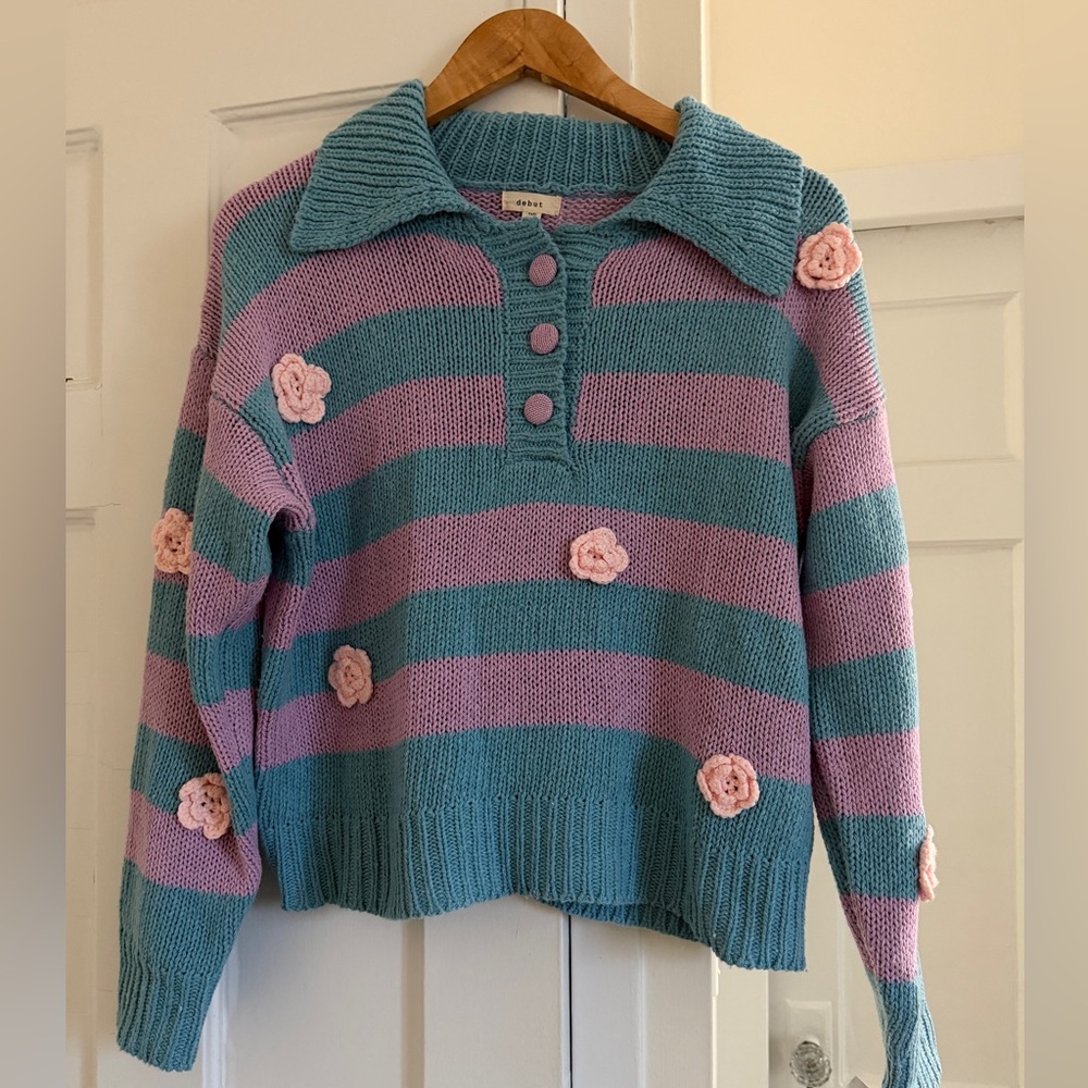 DEBUT Blue & Pink Floral Striped Jumper